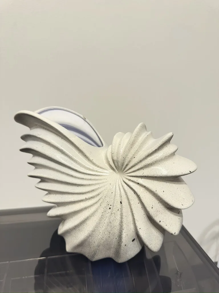 Vase imprimé en 3D en forme de coquillage nautilus, finition pierre blanche cassée, posé sur une table en bois clair